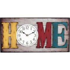 a clock that is on the side of a wooden sign with the word home written below it