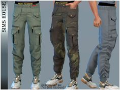 three different styles of pants with zippers and pockets on the sides, all in camouflage