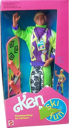 the ken toy is in its box on the floor with it's skateboard