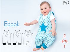 a baby in blue and white overalls standing next to a wall with the words ebook on it