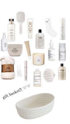 white, white basket, skincare, makeup, blanket, candles, the ordinary, ouai, olaplex, sunbum, summer fridays, hair care, nail polish Care Basket, Birthday Presents For Friends, White Basket, Hair Care Gifts, Diy Birthday Gifts For Friends