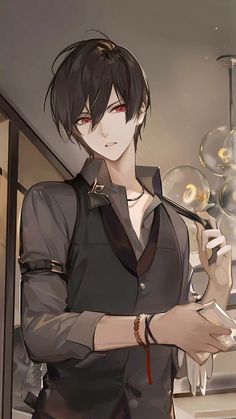 an anime character with black hair holding a knife in his hand and looking at the camera