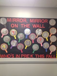 a bulletin board with tennis racquets on it and the words mirror, mirror on the wall who's in prek this fall?