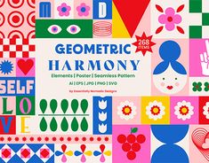 an image of geometric harmony with flowers, hearts and shapes in pink, blue, red, green, yellow