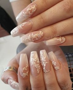 long nail art ideas long nail art inspo long nail art tutorials Wedding Nails Fairytale, Royal Wedding Nails, Aesthetic Wedding Nails, Lace Print Nails, Bridal Coffin Nails, Lace Nail Design Wedding, Lace Design On Nails, White Rose Nail Design, Wedding Elegant Nails