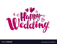 happy wedding lettering with hearts on white background