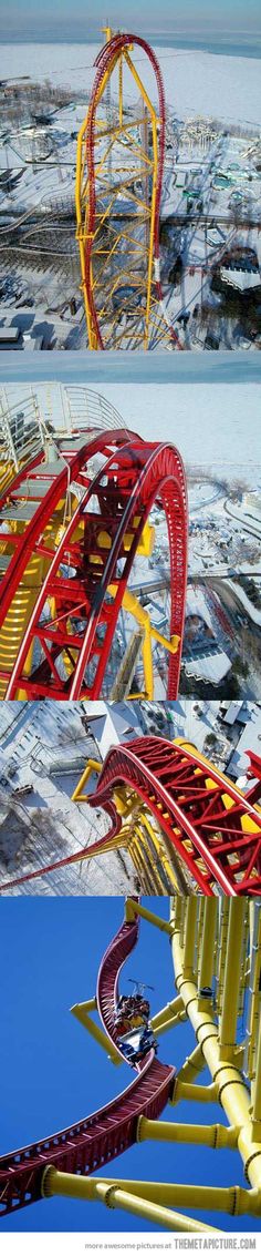 the roller coaster at six flags amusement park is shown in three different views, one showing its red and yellow colors