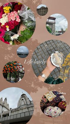 a collage of different images with flowers and buildings in the background, including a person's hand holding a coffee cup