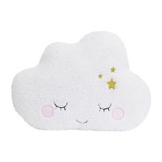 a cloud shaped pillow with stars on it's forehead and eyes, sitting in front of a white background