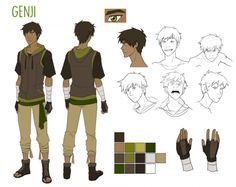 the character sheet for genji is shown in several different poses and colors, including brown hair