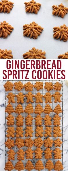 gingerbread spritz cookies on a cooling rack with the title text above it