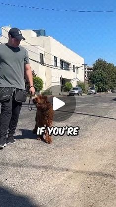 a man is walking his dog down the street with an if you're sign in front of him