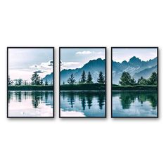 three pictures of mountains and trees are hanging on the wall in front of a lake