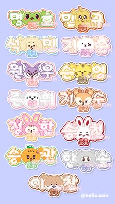 an assortment of cartoon stickers on a blue background with the words hello kitty written in different languages