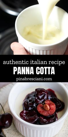 an image of panna cota pudding being poured into a bowl with cherries