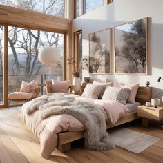 a large bed sitting inside of a bedroom on top of a hard wood floor