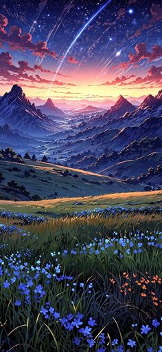 an artistic painting of mountains and flowers in the foreground with stars above them at sunset