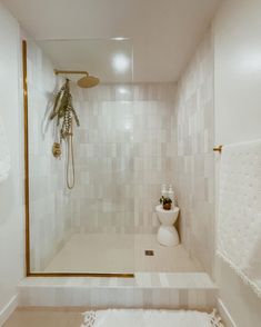 a white tiled bathroom with a shower, toilet and plant in the corner on the wall