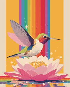 a hummingbird sitting on top of a pink flower next to a rainbow colored background