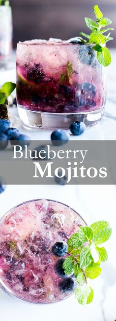 blueberry mojitos with mint leaves on the side