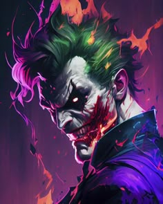 the joker with green hair and red eyes is depicted in this digital painting style image