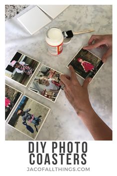 someone is painting pictures on the table with paint and brush in front of them that says diy photo coasters by jacofalithing com