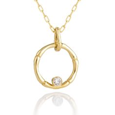 Gold & Stone Necklace - Made with 14k renewed and refined yellow gold, this elegant necklace features a bamboo circle pendant with a 0.10ct natural diamond on an 18 chain with lobster clasp closure. Luxury Open Circle Diamond Necklace For Gift, Luxury Circle Necklace With Single Cut Diamonds, Luxury Modern Open Circle Necklace, Yellow Gold Necklace With Diamond Accents, Open Circle, Elegant Open Circle Diamond-cut Necklace, Gold Stone Necklace, Bamboo Necklace, Bamboo Jewelry, Circle Diamond