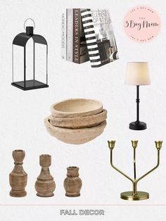 an assortment of items that include candles, vases, and other things to decorate with them