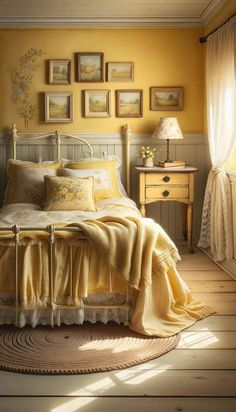 a bedroom with yellow walls and pictures on the wall