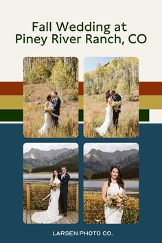 a couple posing for pictures in front of mountains and trees with the words fall wedding at piney river ranch, co