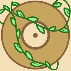 an image of a green plant on top of a brown disc with leaves around it