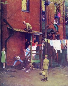 an old painting of people hanging out to dry clothes on the outside of a brick building