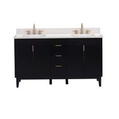 a double sink vanity with two gold faucets on the top and white counter tops