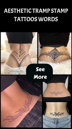 the back of a woman's stomach with tattoos on her lower and lower ribs