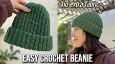 a woman wearing a green crochet beanie hat with the text easy crochet beanie written below it