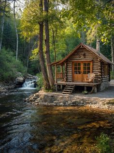 a small log cabin sitting on top of a river