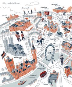 an illustrated map of the city of london with people walking around and riding on bikes