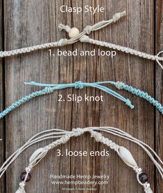 four different bracelets with instructions for how to tie them on the same string, including bead and loop