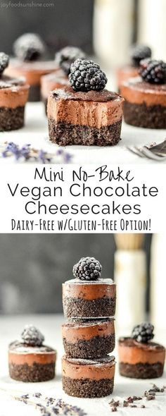 mini no bake vegan chocolate cheesecakes with blackberries on top