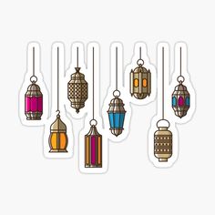 six colorful lanterns hanging from strings on a white background sticker / decal sheet