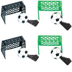 three plastic soccer balls are sitting on the back of two green chairs and one is holding a soccer ball