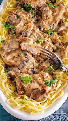 a plate of pasta with meat and mushrooms