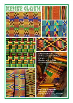 an advertisement for kente cloth with images of different colors and patterns on it, including the