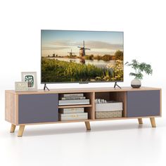 a flat screen tv sitting on top of a wooden entertainment center next to a potted plant