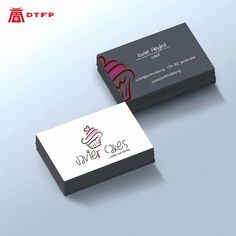 two business cards with the words water cakes printed on one side and an image of a cupcake on the other