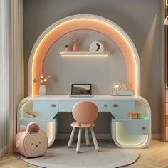 a child's room with a desk, chair and shelves in pastel colors