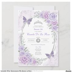 a wedding card with purple flowers and butterflies