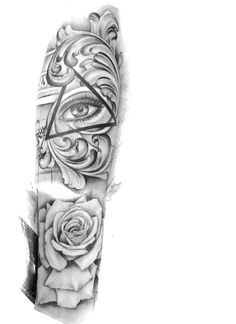 an eye and rose tattoo on the arm