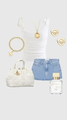 a white tank top, denim skirt and gold accessories are featured in this fashion photo