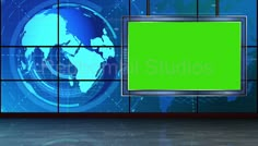 an empty tv set with a green screen in front of it on a wall and floor